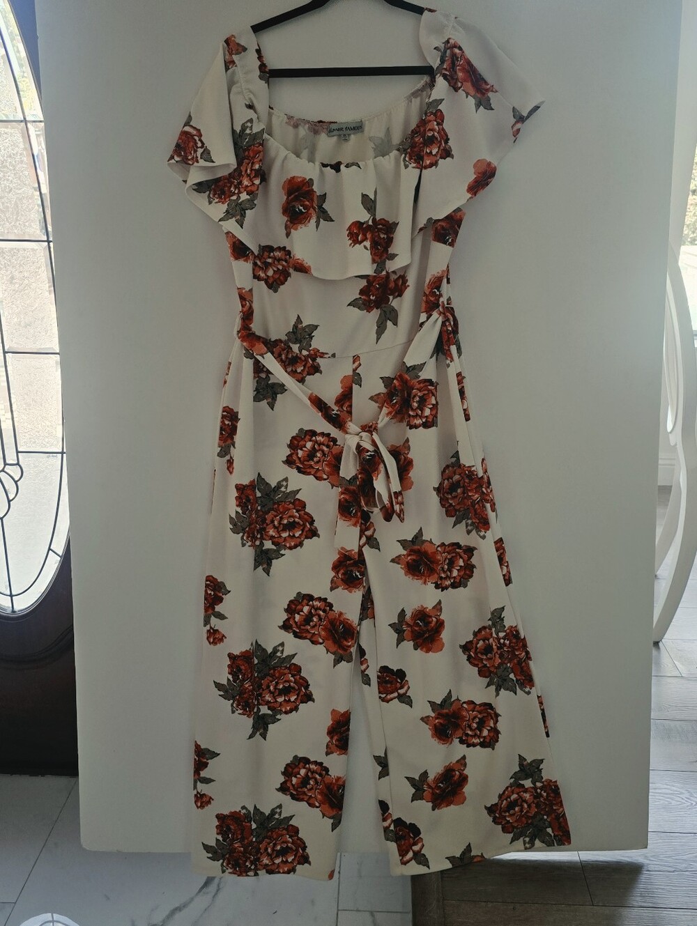 Almost Famous White Off-Shoulder Floral Jumpsuit with Red Blooms